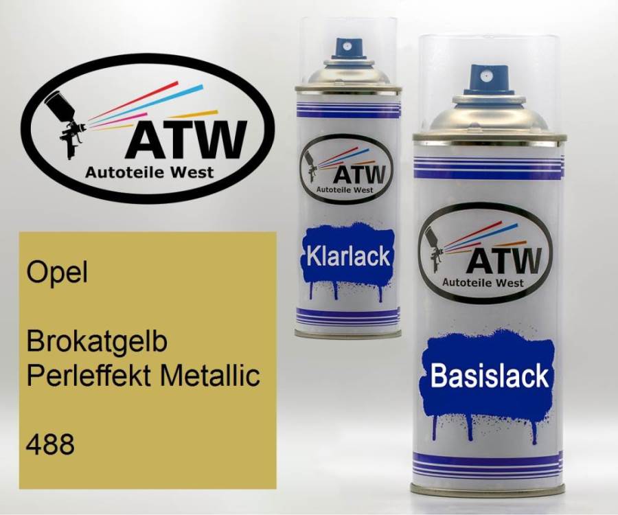 Opel, Brokatgelb Perleffekt Metallic, 488: 400ml Sprühdose + 400ml Klarlack - Set, von ATW Autoteile West.